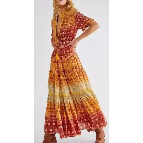 Free People | Dresses | Free People Rare Feelings Maxi Dress Size M  Goldenrod Combo Tie Waist Tiered | Poshmark